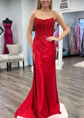 Arielle |Sheath Strapless Corset Satin Prom Dress with Slit