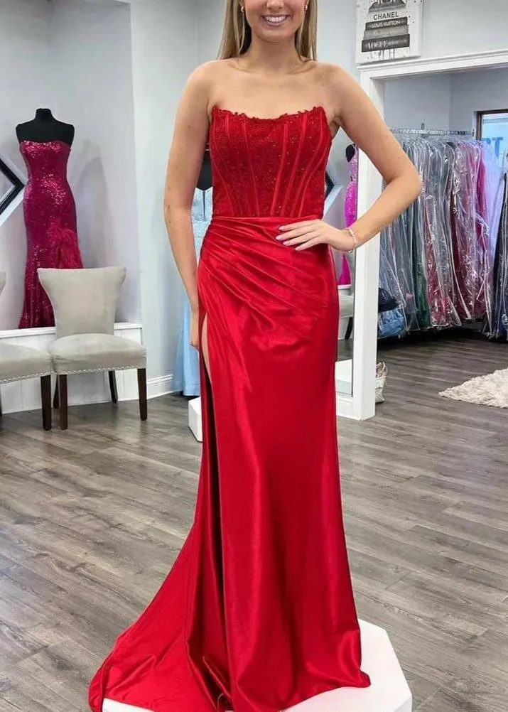 Arielle |Sheath Strapless Corset Satin Prom Dress with Slit