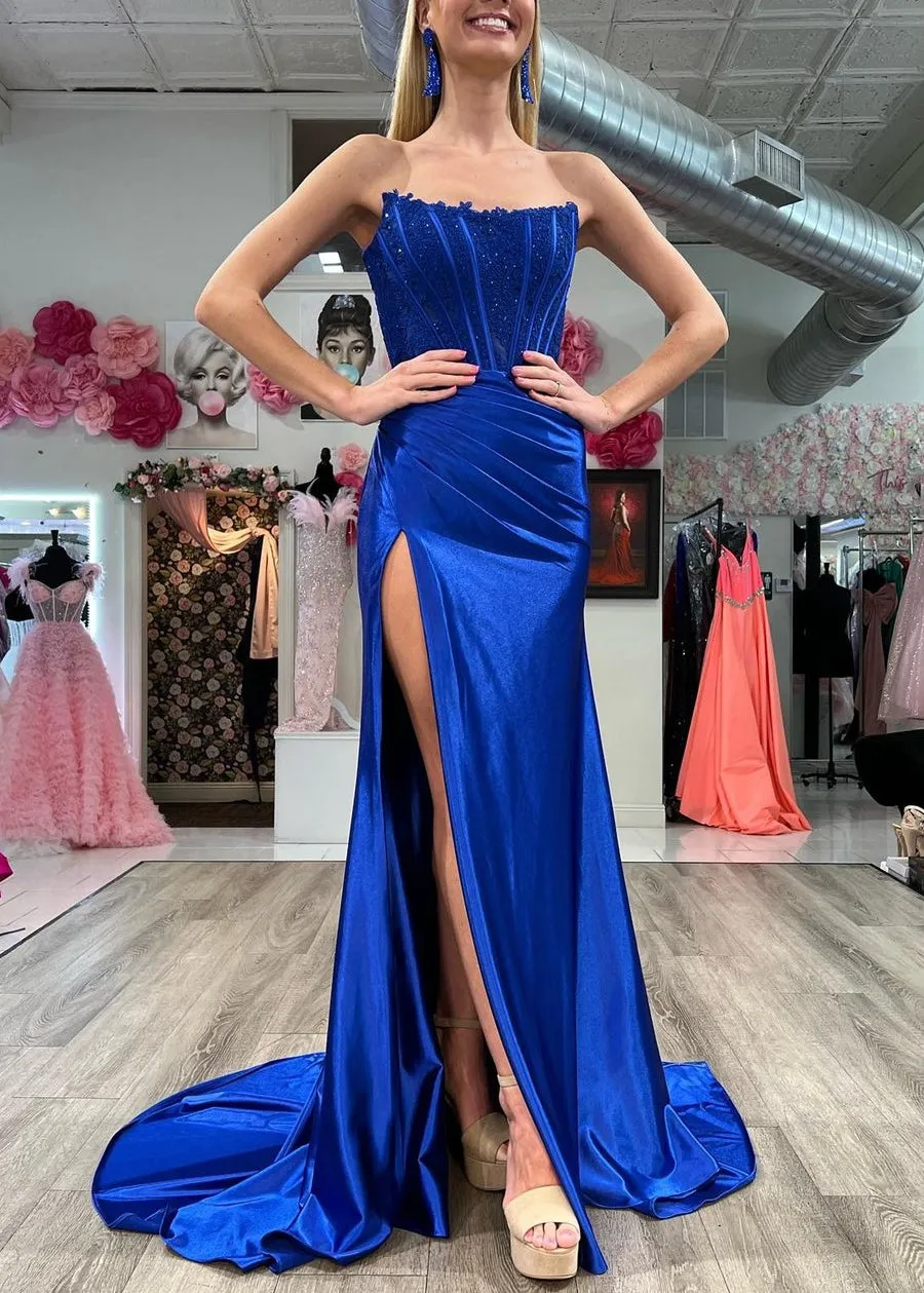 Arielle |Sheath Strapless Corset Satin Prom Dress with Slit