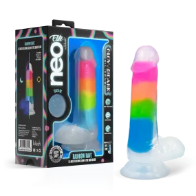 Neo Elite By Blush® | Rainbow Rave - 6.5 Inch Glow-In-The-Dark Dildo - Dual Density Liquid Silicone – Harness Compatible - Rainbow