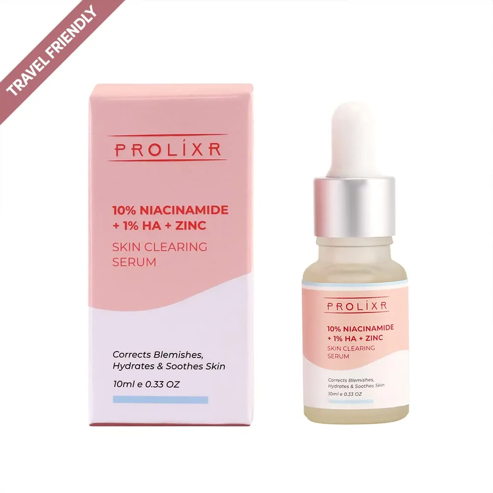 Prolixr 10% Niacinamide   1% Hyaluronic Acid   Zinc Skin Clearing Face Serum- For Acne Marks, Blemishes & Oil Balancing- All Skin Types - 10 Ml - Travel Friendly - Pack Of 2 Mini Serums