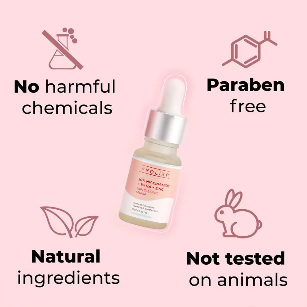 Prolixr 10% Niacinamide   1% Hyaluronic Acid   Zinc Skin Clearing Face Serum- For Acne Marks, Blemishes & Oil Balancing- All Skin Types - 10 Ml - Travel Friendly - Pack Of 2 Mini Serums