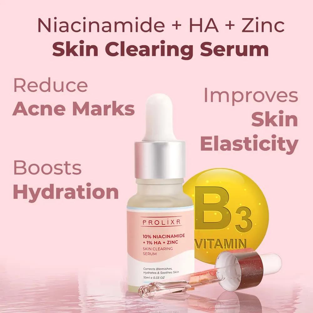 Prolixr 10% Niacinamide   1% Hyaluronic Acid   Zinc Skin Clearing Face Serum- For Acne Marks, Blemishes & Oil Balancing- All Skin Types - 10 Ml - Travel Friendly - Pack Of 2 Mini Serums