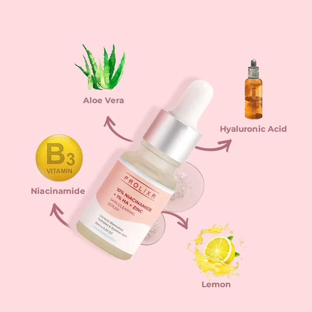 Prolixr 10% Niacinamide   1% Hyaluronic Acid   Zinc Skin Clearing Face Serum- For Acne Marks, Blemishes & Oil Balancing- All Skin Types - 10 Ml - Travel Friendly - Pack Of 2 Mini Serums