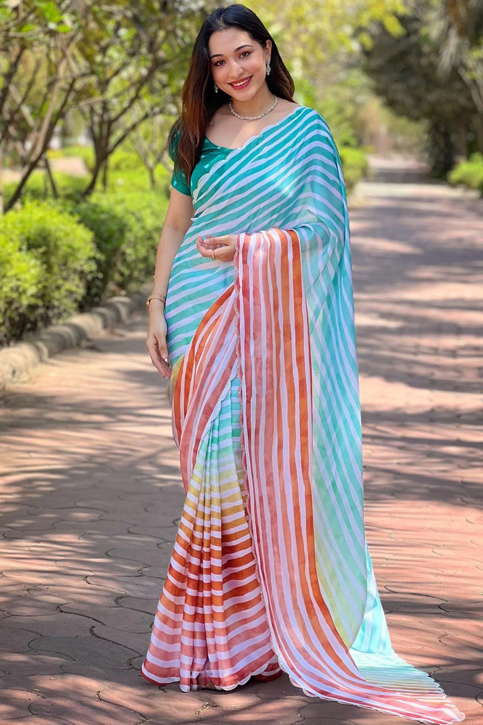Ready To Wear Multicolored Satin Georgette Leheriya Saree