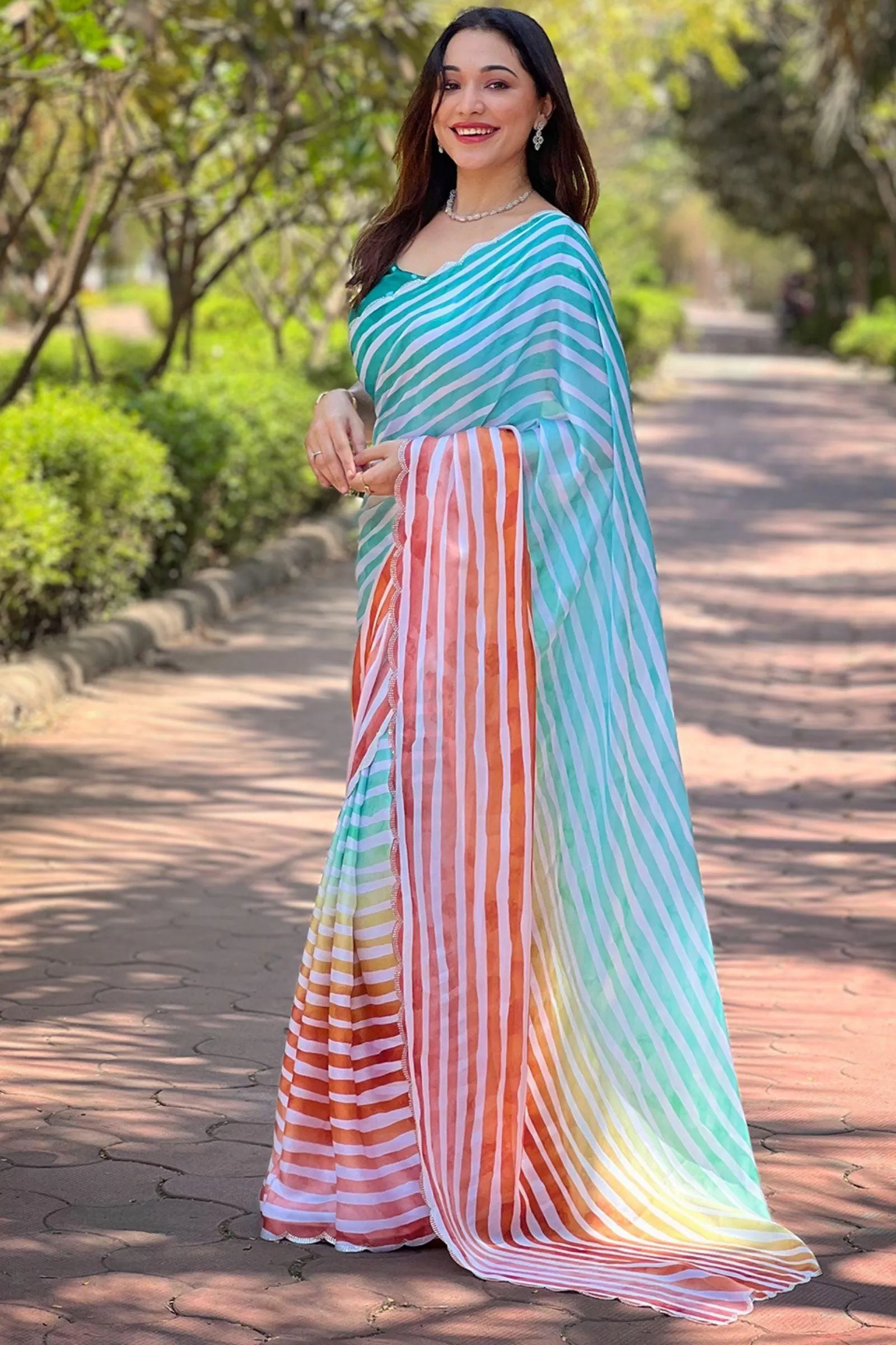 Ready To Wear Multicolored Satin Georgette Leheriya Saree