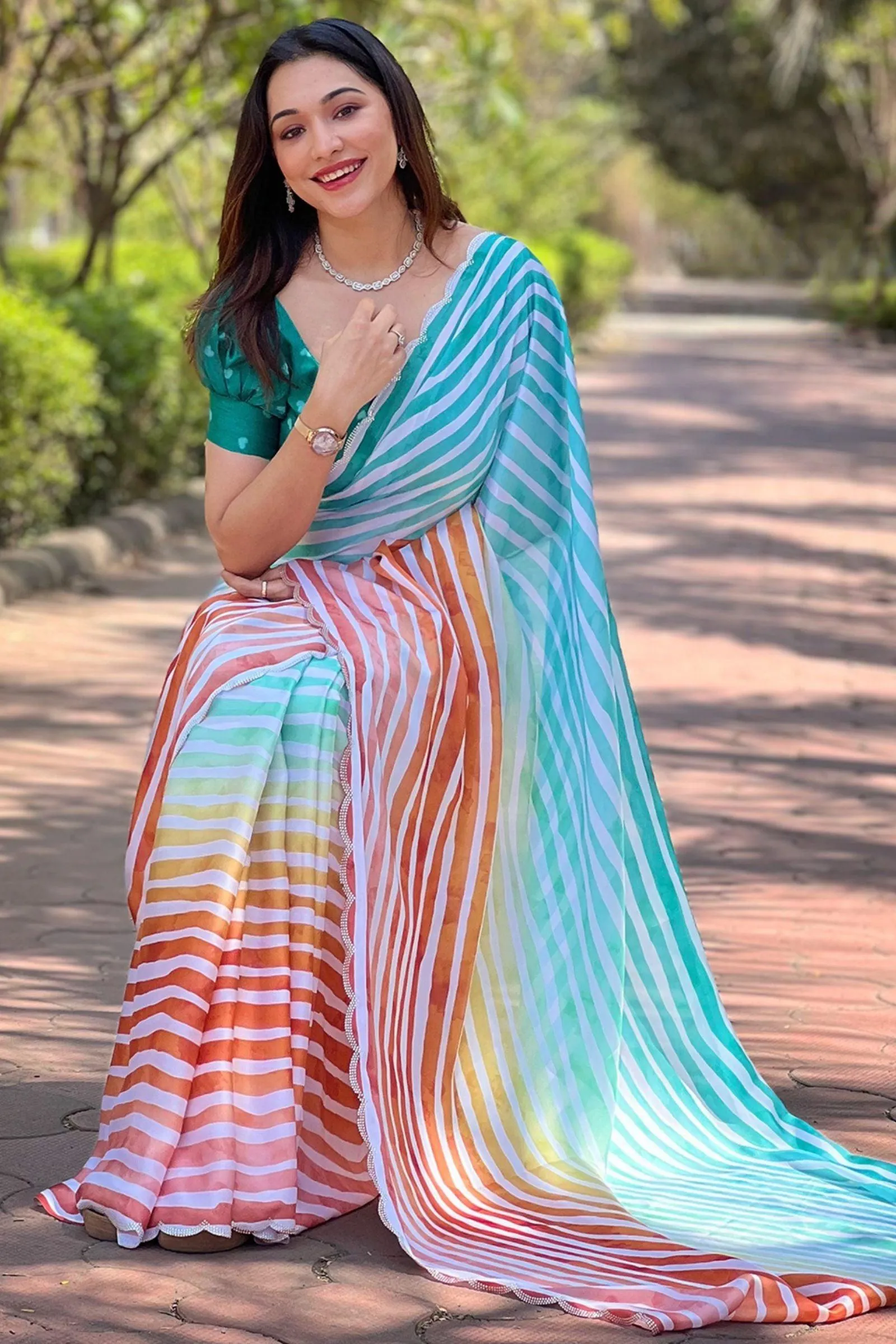 Ready To Wear Multicolored Satin Georgette Leheriya Saree