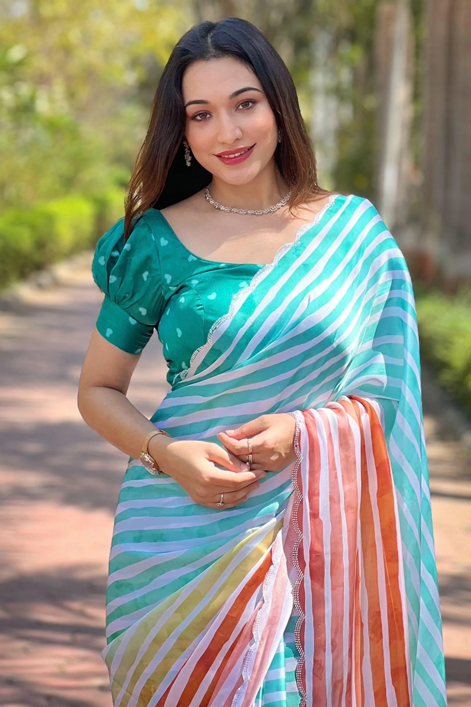 Ready To Wear Multicolored Satin Georgette Leheriya Saree